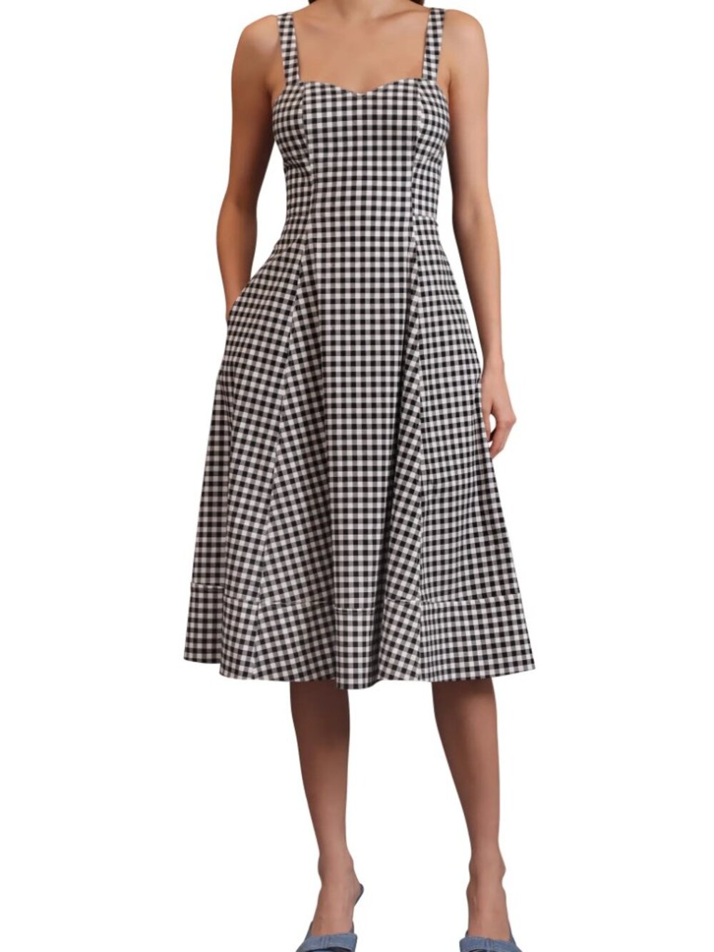 Avec Les Filles Black and White Gingham Fit and Flare Sweetheart Sundress